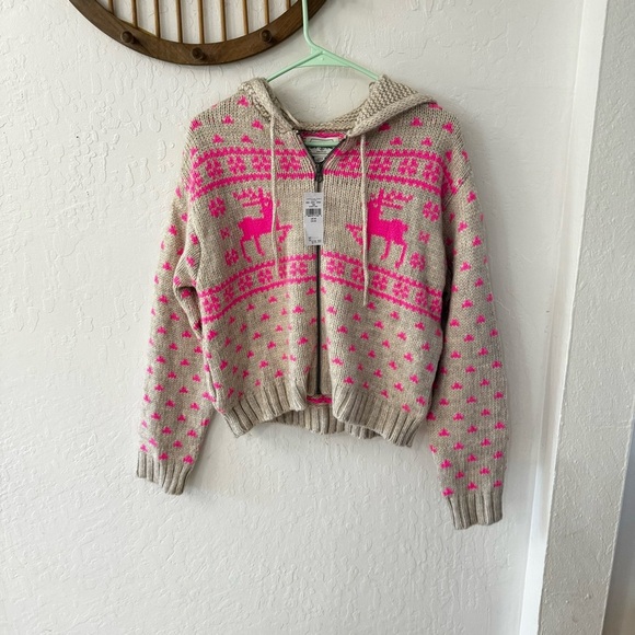 American Eagle Chunky Knit Zip Up Reindeer Pink Tan Hooded Sweater Medium - Picture 2 of 5